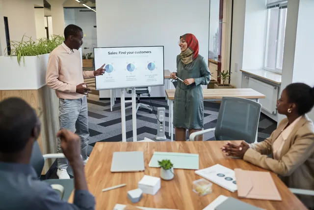 A diverse team engaging in a business meeting focused on sales strategy with visual aids. Which digital marketing campaigns agencies actually justify the retainer