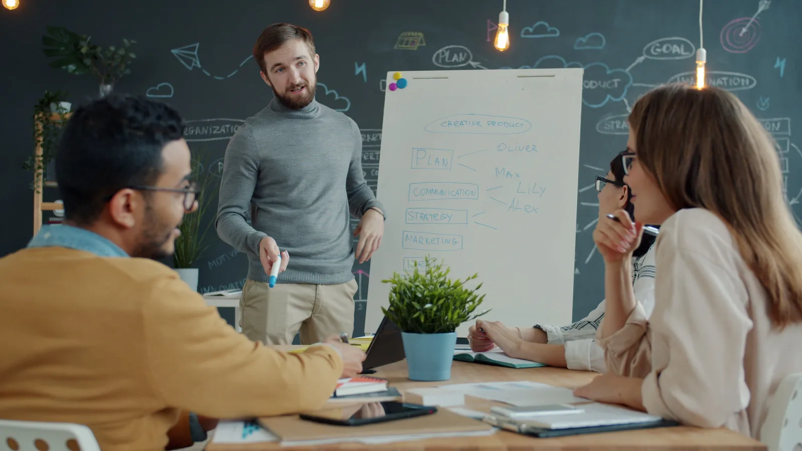 A collaborative team meeting with a presentation on strategy and marketing plans. Common Digital Marketing Strategy Questions to Resolve First