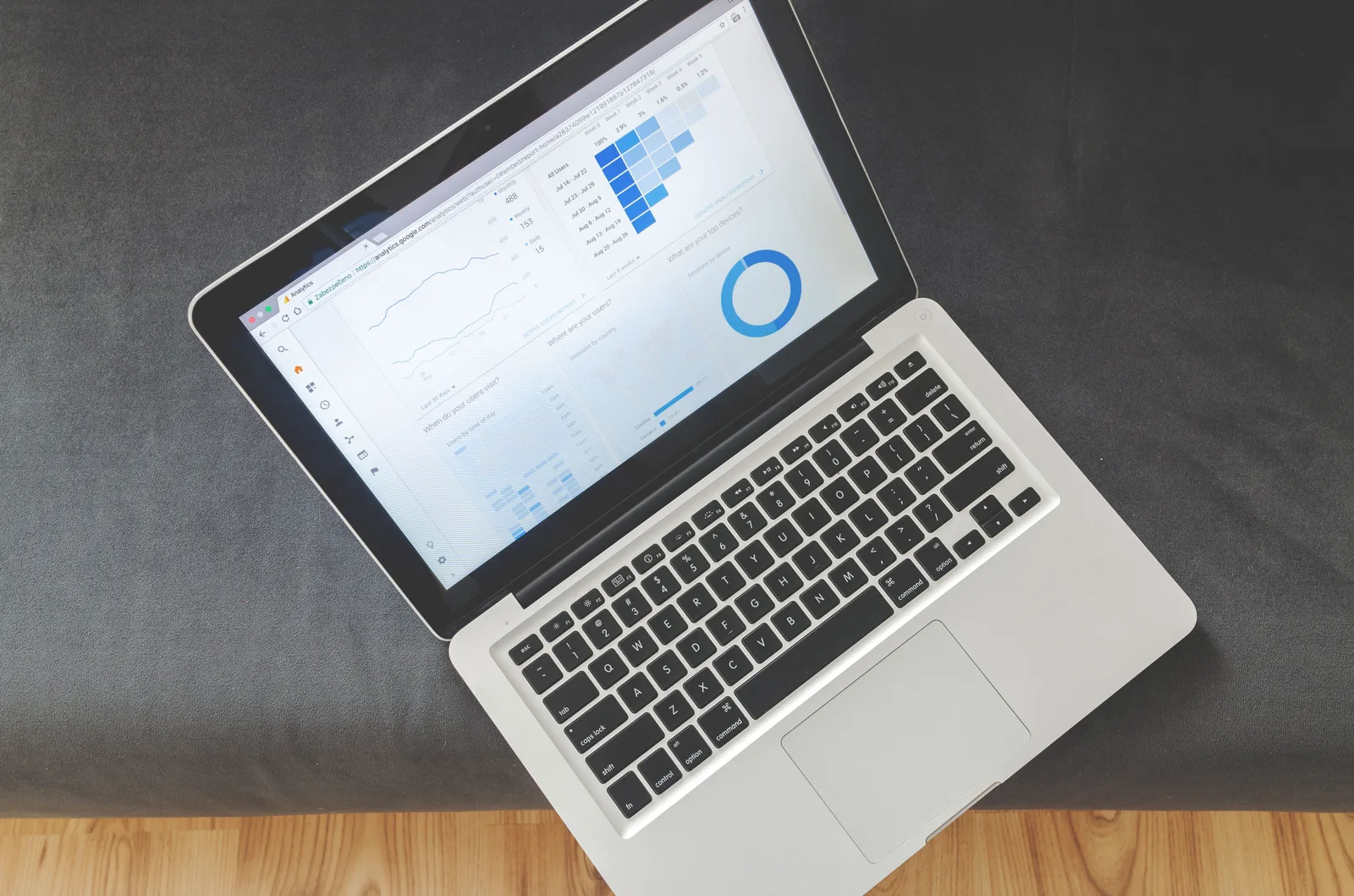 Overhead view of a laptop showing data visualizations and charts on its screen. Digital marketing platforms pricing from the buyer side and the seller side
