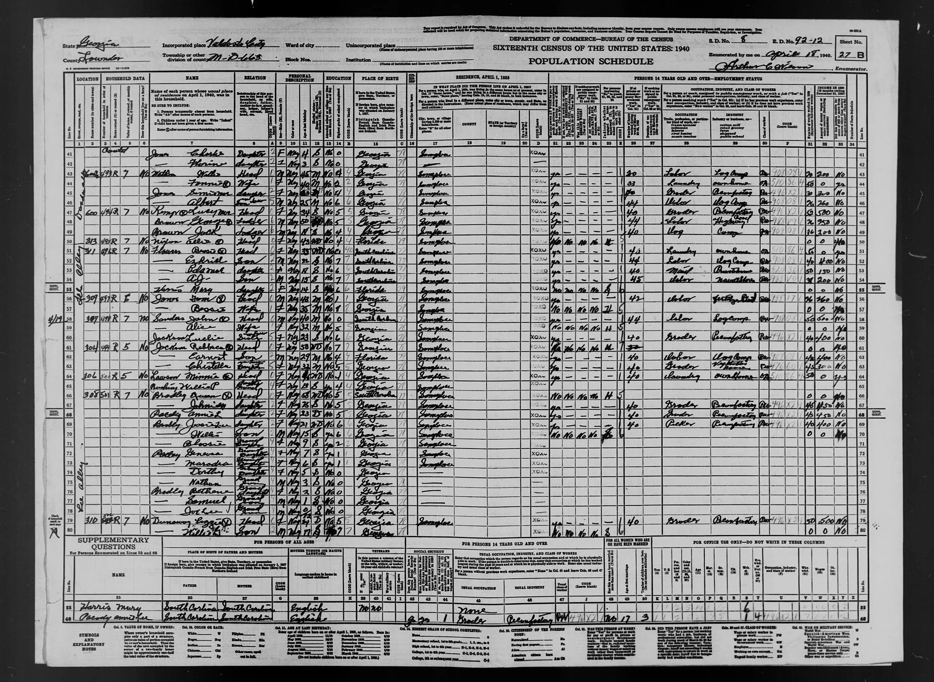 This Enumeration District covers the following area(s): Militia District 663 Valdosta, Valdosta City bounded by (N) Atlantic Coast Line Railroad; (E) Holiday, City Limits; (S) City Limits; (W) Southern Railway; also Lowndes County Jail. US public data for digital planners, from the Census Bureau, BLS and FCC