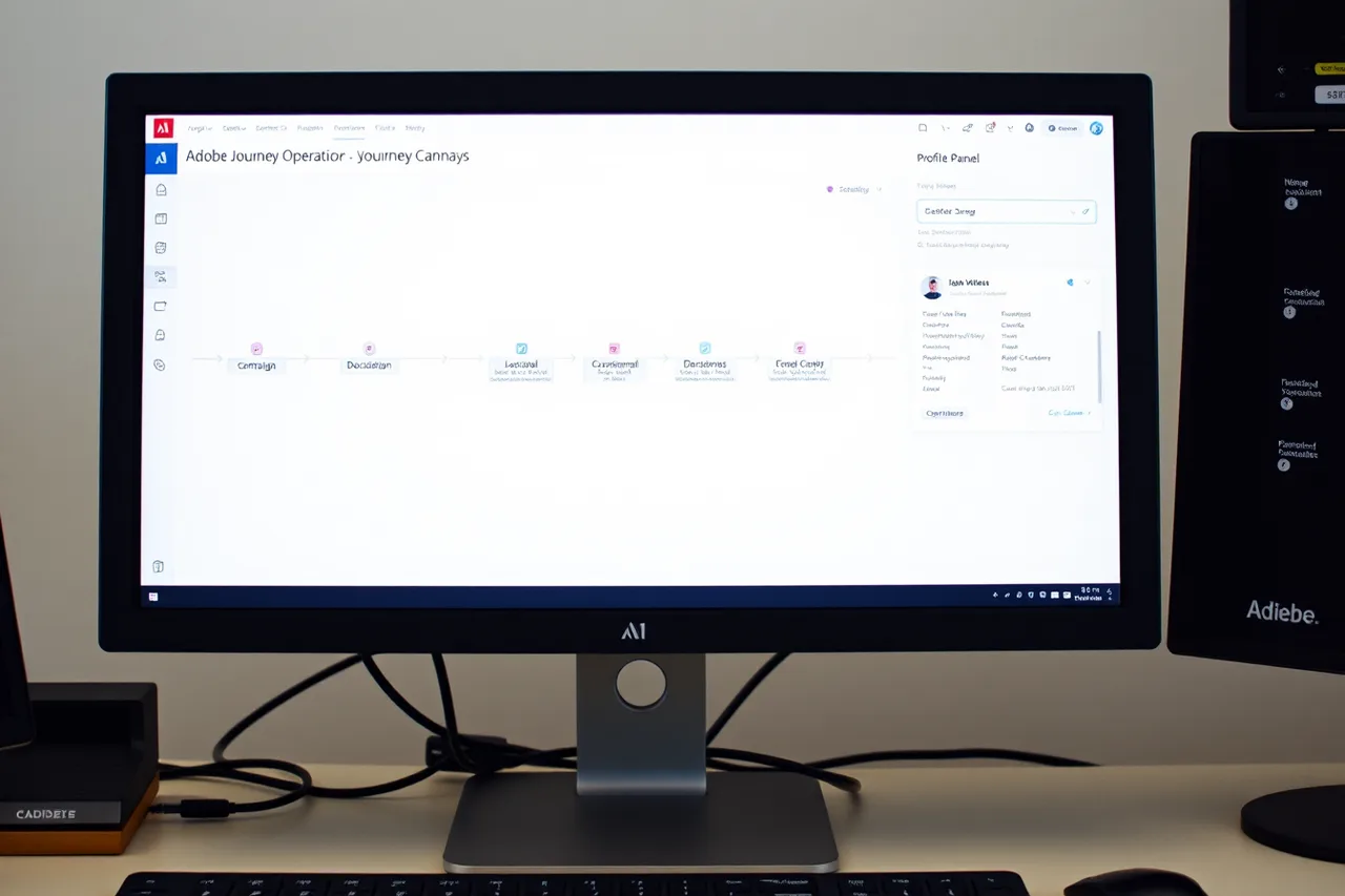 Adobe Journey Optimizer journey canvas on a desktop monitor (9 things to weigh up on omnichannel marketing tools)